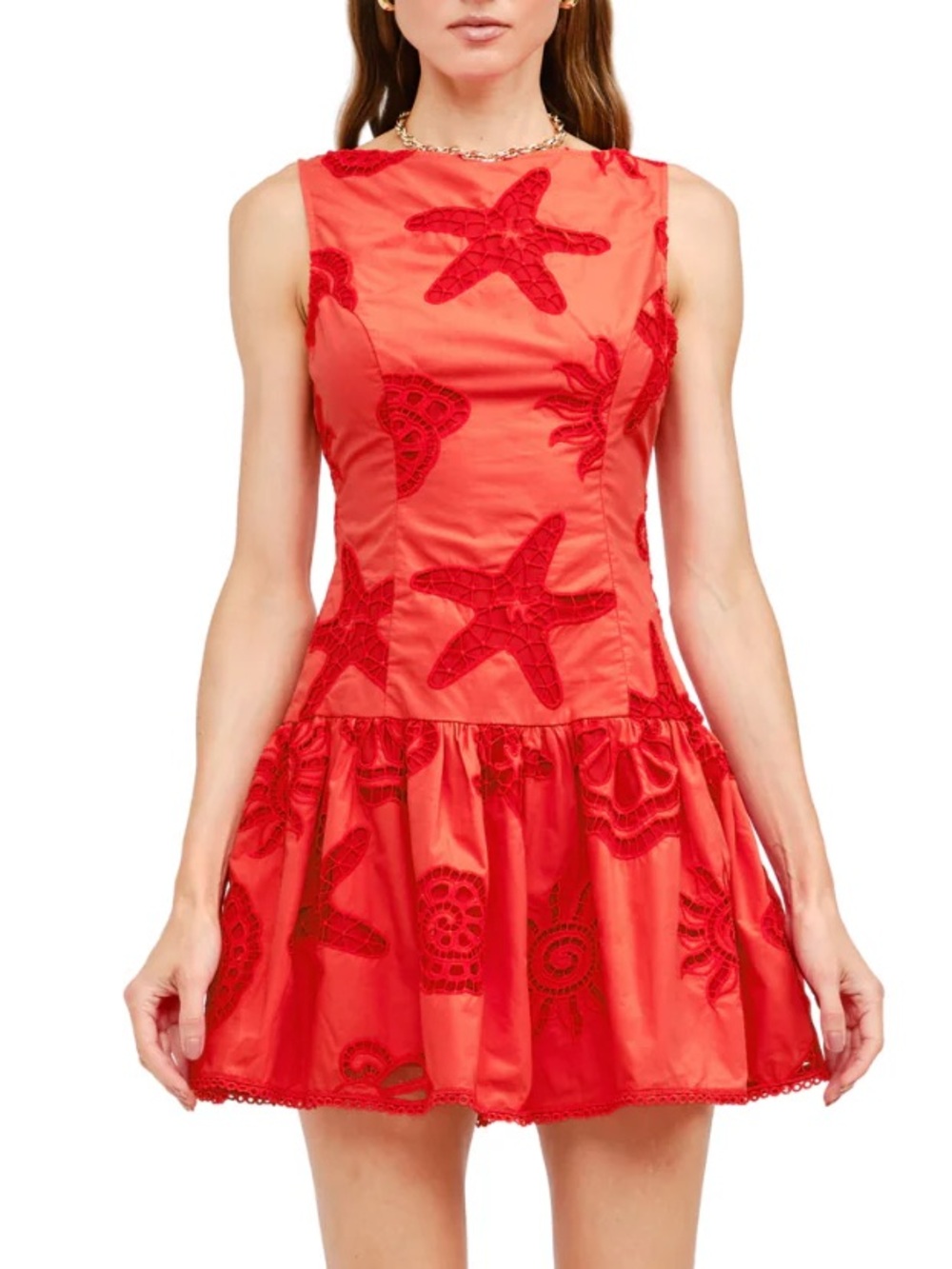 Gorgeous Summer Red/Orange Embroidered Starfish Beach Life Sleeveless Dress